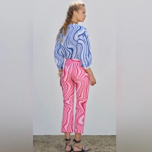 NWT Zara Linen Blend Crop Pants Pucci-like Swirl Design M necklace earrings set